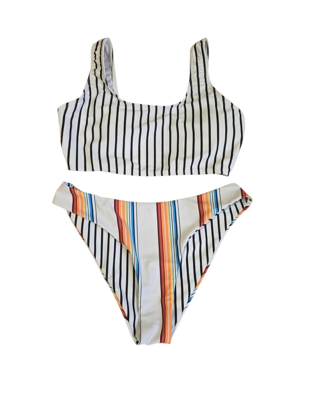 Striped Scoop Neck Bikini Set - White with Multicolor Stripes